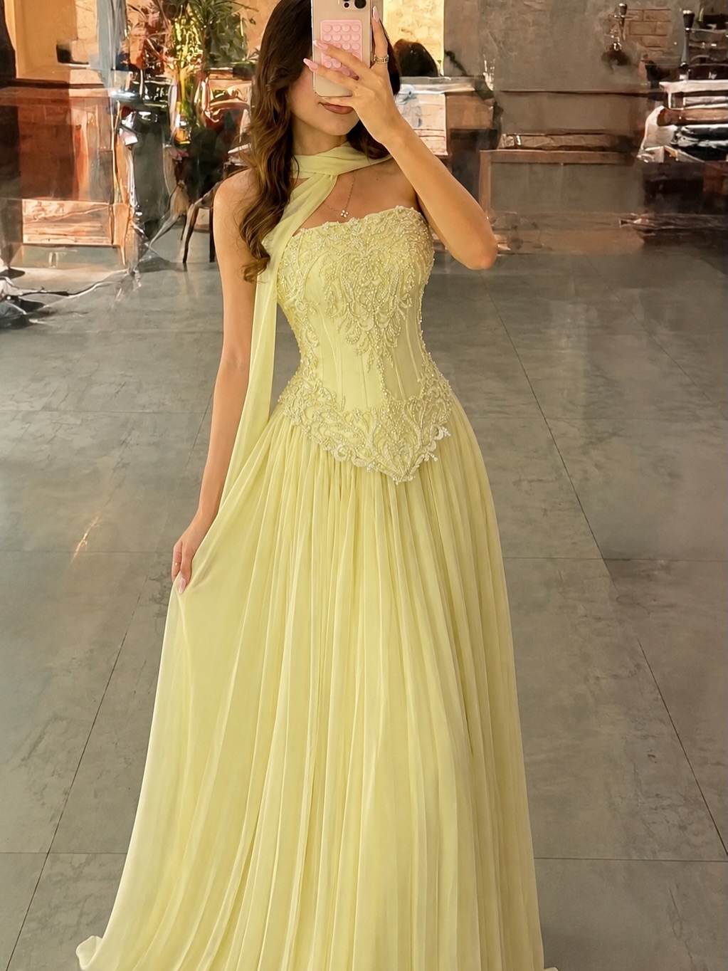 Embroidery Yellow Dress - Maßgeschneidertes sexy gelbes Spitzenkorsett-Abschlussballkleid für Damen