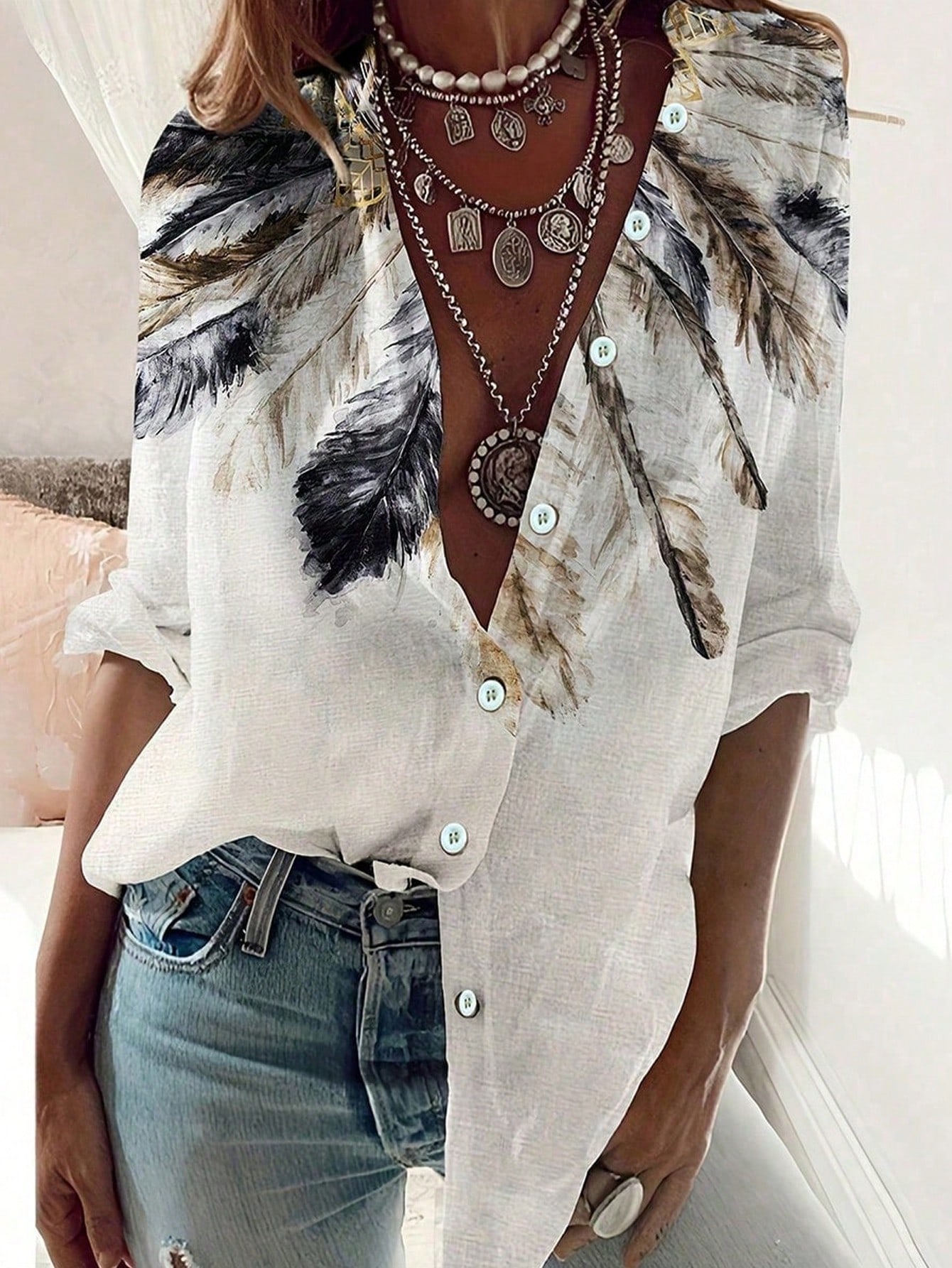 Embroidery Online - Modisches Slim-Fit-Langarmshirt mit Western-Ethno-Print für Damen