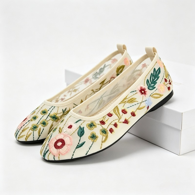 Embroidery Meaning - Runde Kappe Mesh Ballerinas Schuhe Frauen