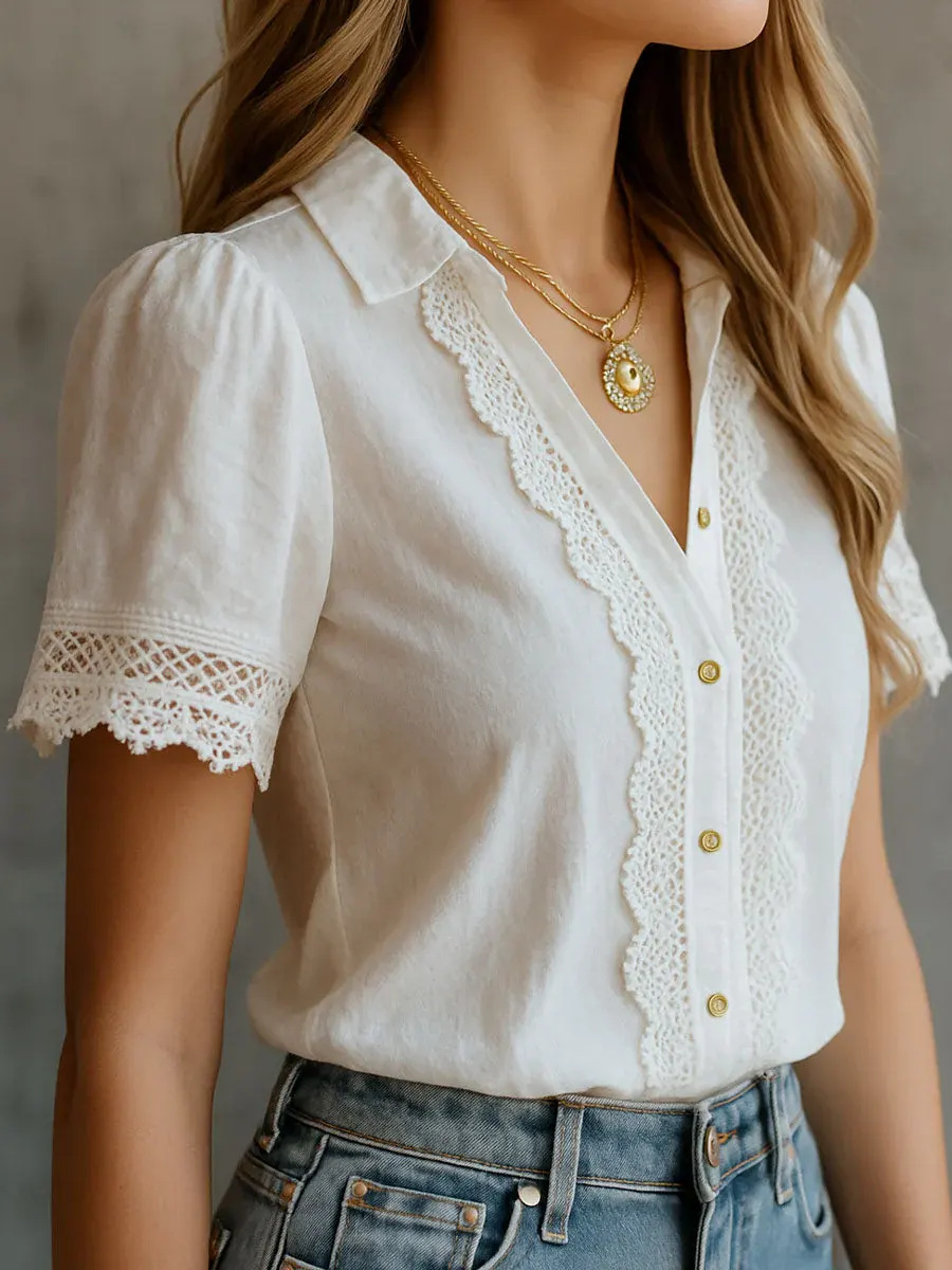 Embroidery Online - Elegante Damenblusen, lässig, einfarbig, mit Revers,