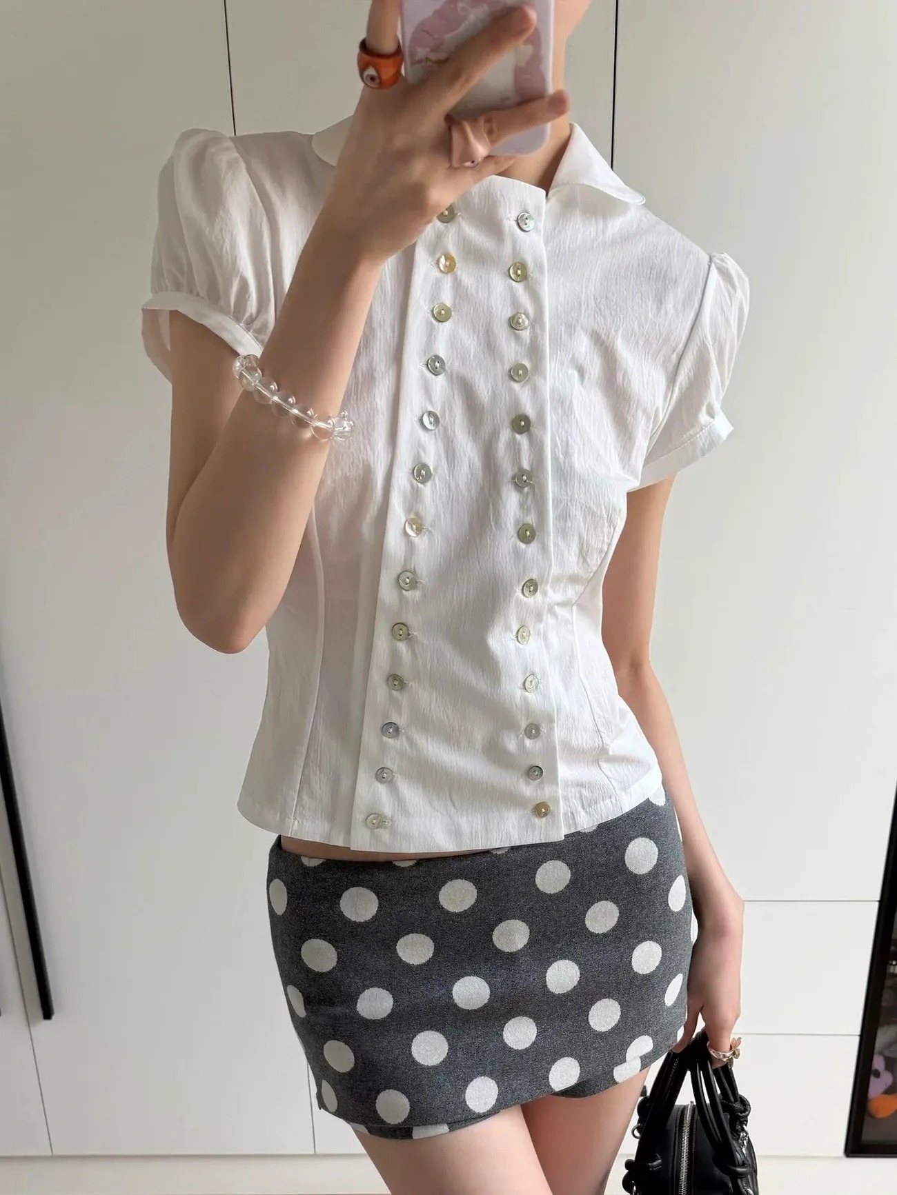 Embroidery Online - Y2K Ästhetik Peter-Pan-Kragen Bluse Puffärmel Slim