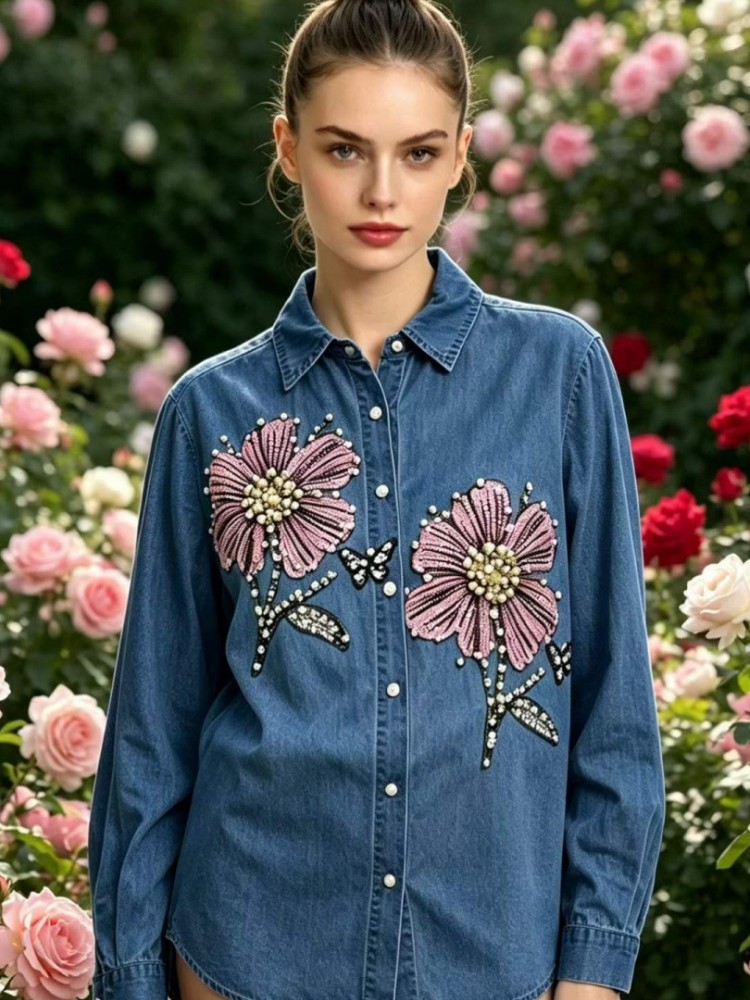 Embroidery Cotton Shirt - Damen Jeans-Stickerei-Blusen Frühling Herbst Langarm Damenbluse