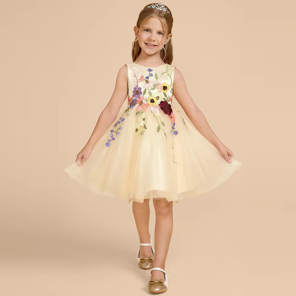 Embroidery Yellow Dress - Maßgeschneiderte gelbe Tüll-Blumenmädchenkleider mit Schleife, 3D-Blumen,