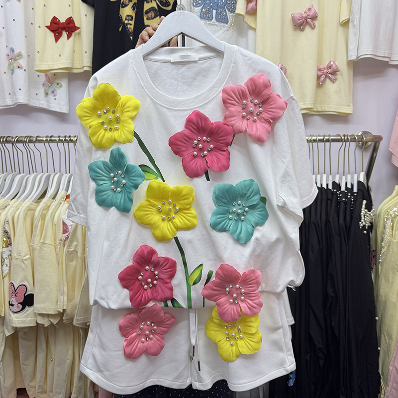Sommer Bunte 3D Blumen T-shirt – Embroidery Cotton Shirt Bewertung und Preis